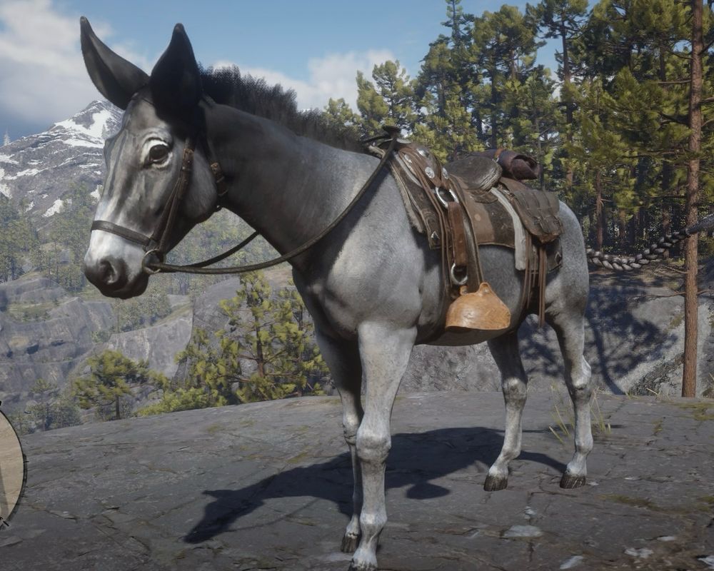 A screenshot of the video game Red Dead Redemption 2 showing a saddled grey mule or donkey.