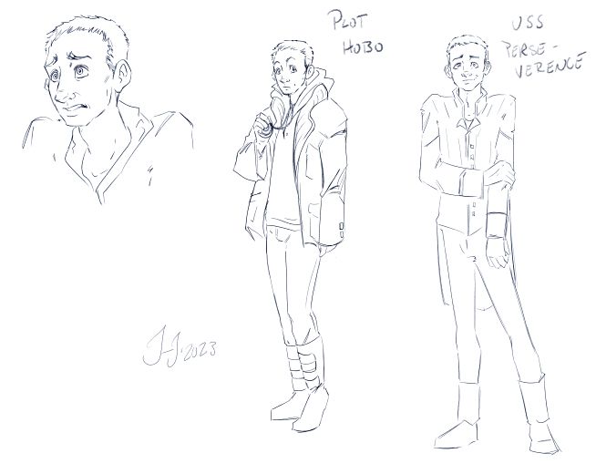 Sci-fi AU version of Virgil Ambrose. On the left is a sketch of a distressed expression, in the middle is him wearing scavenged clothes, and on the right he is cleaned up and wearing sci-fi clothes that show how skinny he is.
