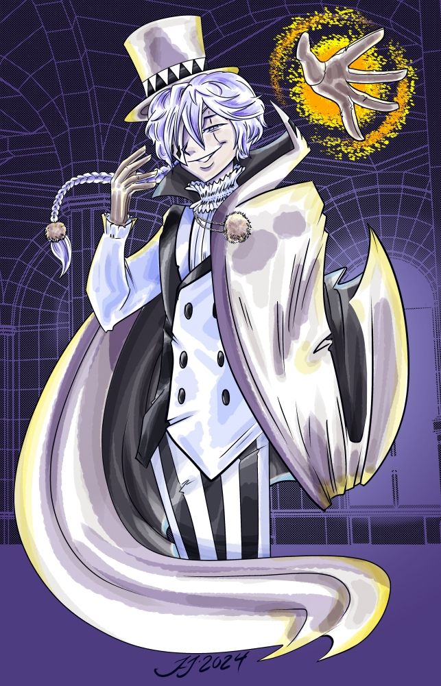 Nikolai Gogol from Bungou Stray Dogs. An image from the knees up, he smiles serenely at the viewer while his white and black trimmed cape swirls around him. One hand is held up near his face, while the second emerges from a glowing portal of light above his left side.