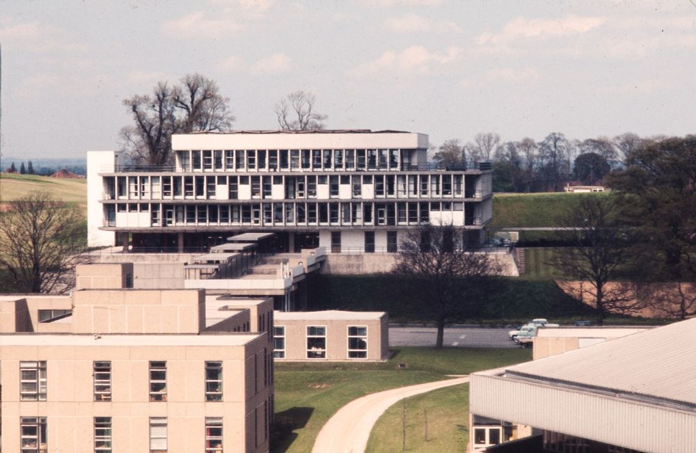A colour shot of the 60s brutalist Morrell Library 
