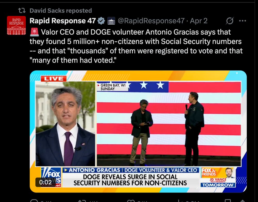 David Sacks reposted

Rapid Response 47
@RapidResponse47
🚨 Valor CEO and DOGE volunteer Antonio Gracias says that they found 5 million+ non-citizens with Social Security numbers -- and that "thousands" of them were registered to vote and that "many of them had voted."