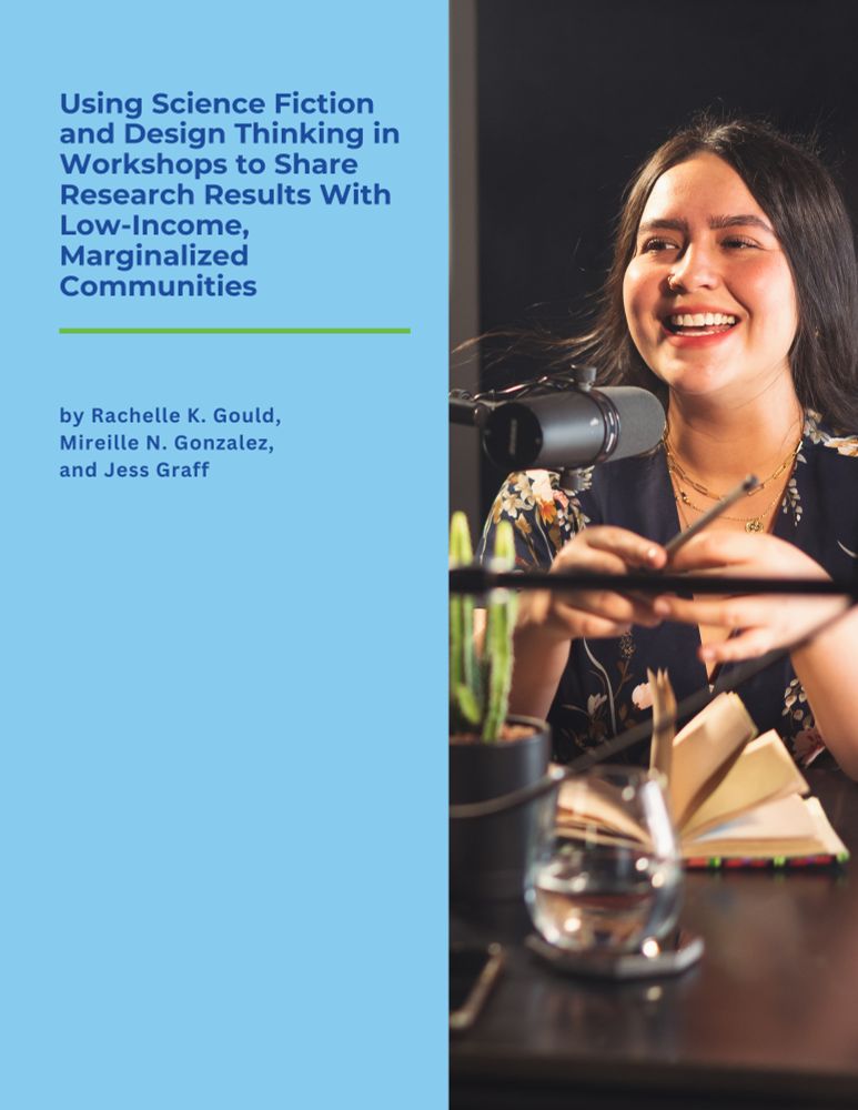 
Generate by AI Assist

Person smiling while recording a podcast, with a microphone in front and a small plant on the table. The book cover displayed on the left promotes 'Using Science Fiction and Design Thinking in Workshops to Share Research Results With Low-Income, Marginalized Communities' by Rachelle K. Gonzalez, Mireilli Consuela, and Jess Graff.