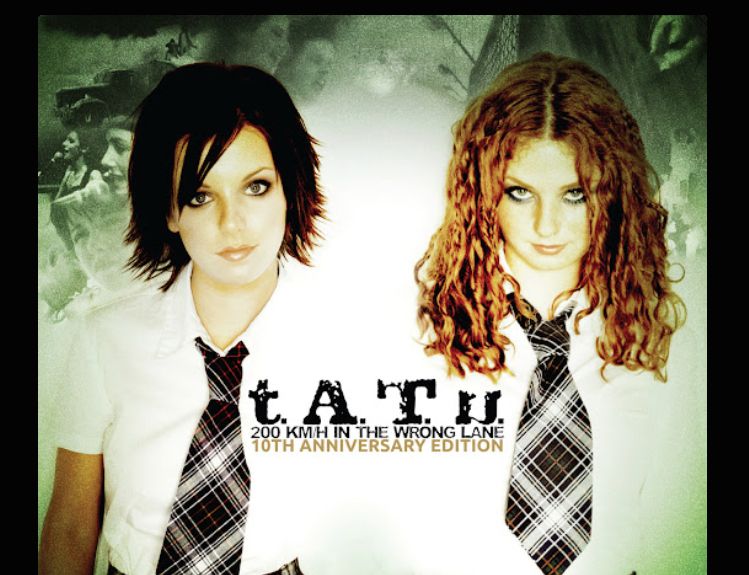The cover for Tatu's 200km in the Wrong Lane album. There are two late teenage girls on the cover pretending to be younger than they look, schoolgirls, and also lesbians. On reflection, the early 2000s were a strange time. 