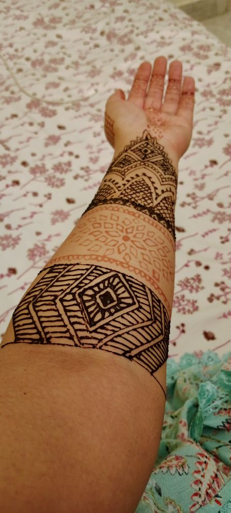 Pic of a full hand with henna painted on it 