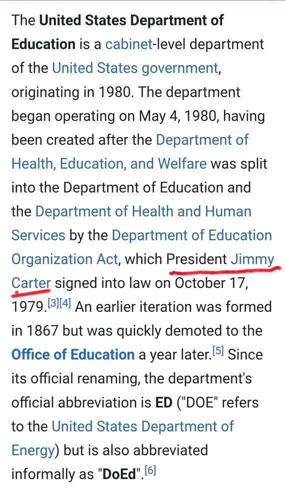 A block of the Wikipedia entry for the department of education with the words President Jimmy Carter underlined in red.