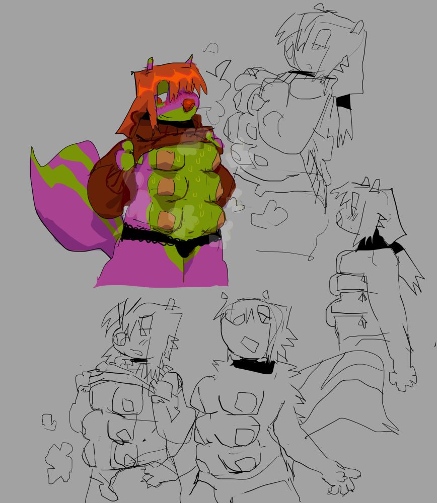 Several sketches, one colored, of a skunk girl with 6 boobs. She’s pulling up her sweater to reveal them in 3 of the drawings.