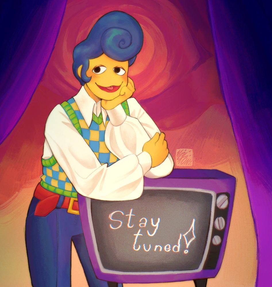 Wally Darling is in a different out than usual leaning against a purple TV set with the words ''Stay tuned'' on screen, there's a vague painting of an eye in the background as purple curtains embrace the edges of the piece. He smiles at You though his eyes seem a tad more tired than before.