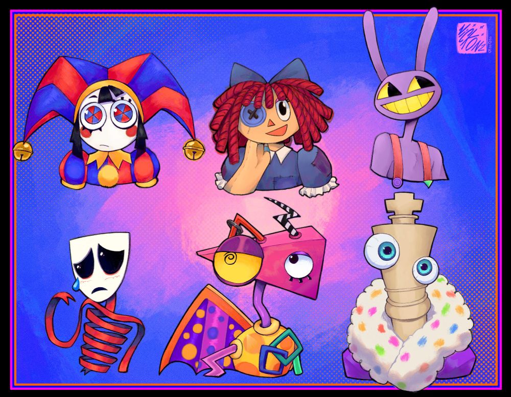 6 headshot renders of the digital circus crew, minus Caine (sorry beloved!!)