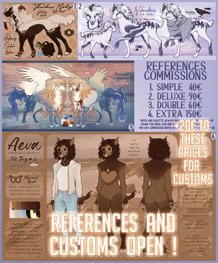 Price sheet. Four offers : simple for 40€, double for 60€, deluxe for 90€, extra for 150€. Add +20€ to any of there offers for custom character design. Anthros, feral (canines) are shown here.