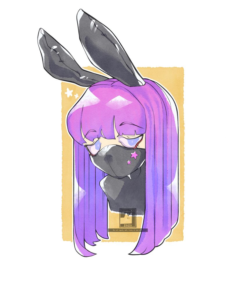 A drawing of a character with rabbit ears and wearing a mask.