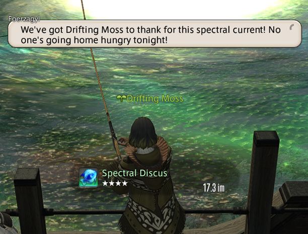 An in-game screenshot of Drifting Moss fishing up a Spectral Discus, with a text box that says "We've got Drifting Moss to thank for this spectral current! No one's going home hungry tonight!"