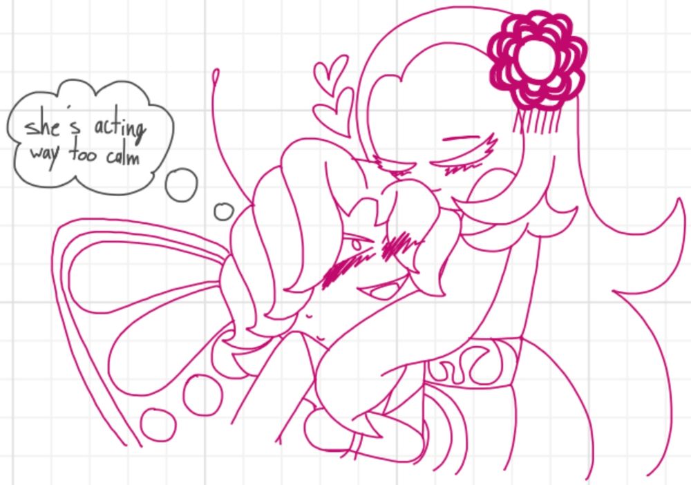 a doodle of Zinnia Ember Cookie holding Atlas Moon Cookie close to her. Atlas Moon Cookie looks surprised (positive).