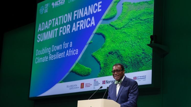 Akinwumi Adesina, President, African Development Bank speaks onstage at the Adaptation Finance Summit for Africa during UN Climate Change Conference COP28 at Expo City Dubai on December 1, 2023, in Dubai.