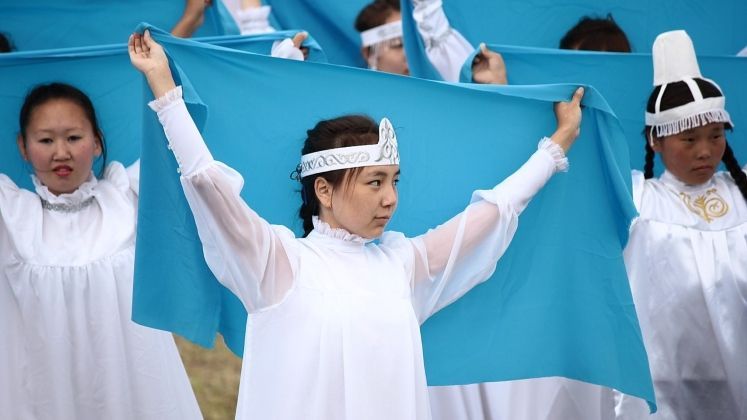 Young dancers performing on Yhyakh festival in Sangar, Kobyaysky district, Yakutia.