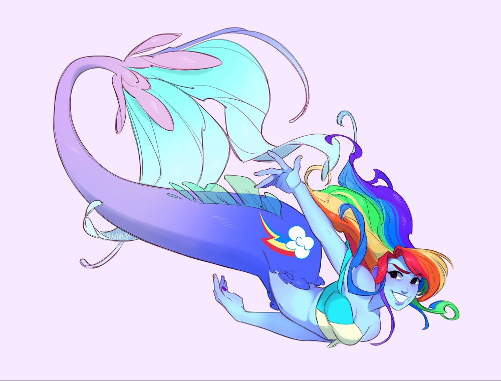 A humanized mermaid of Rainbow Dash from My Little Pony: Friendship is Magic! She looks determined and energized, ready to race!