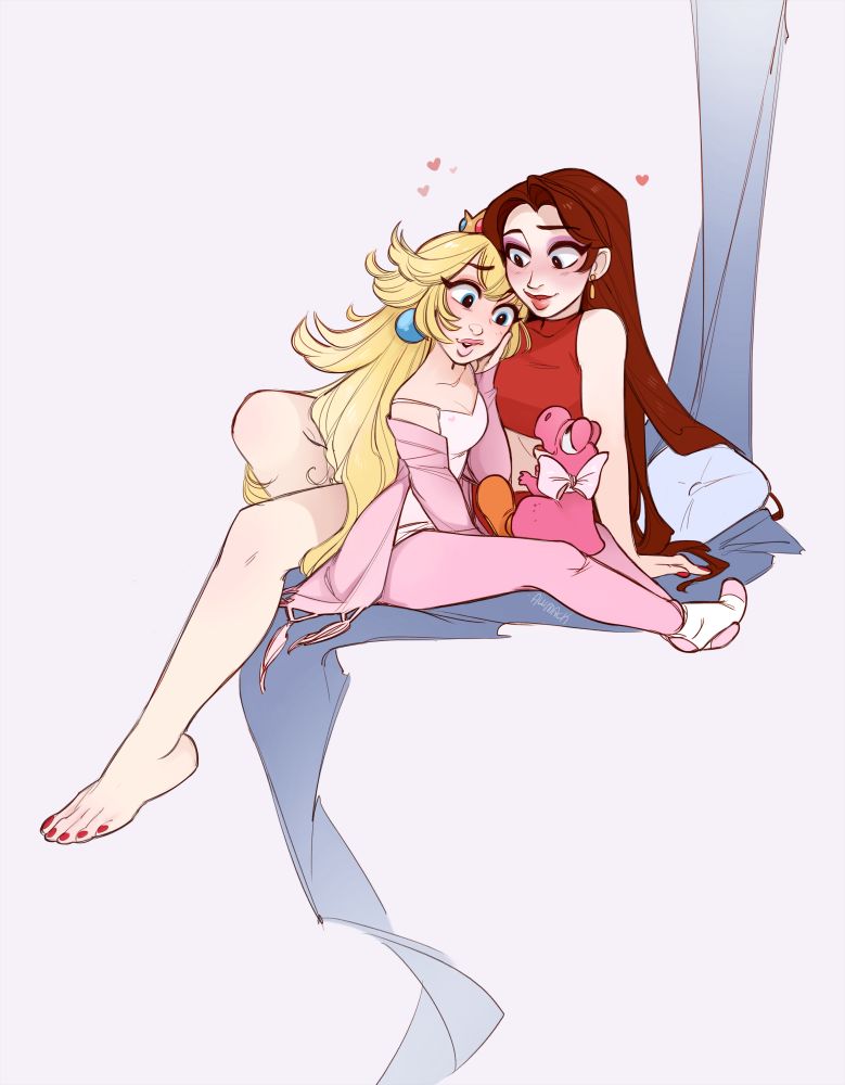 Princess Peach and Mayor Pauline in casual clothing, cuddling. A pink hatchling Yoshi sits on Peach's lap and looks up to her like her baby- it was a surprise Pauline got for her! 