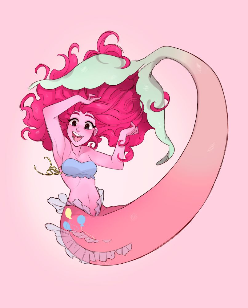 A humanized mermaid of Pinkie Pie from My Little Pony: Friendship is Magic! She's got her arm back, running through her hair/holding it- and her tail is swooped up over her and resting on her head. She looks VERY EXCITED