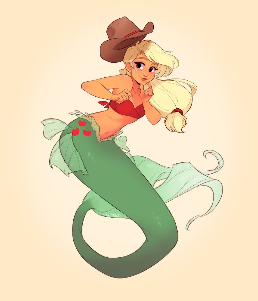 A humanized mermaid of Applejack from My Little Pony: Friendship is Magic! She's got her cowboy hat on, fingers resting on her chin- she looks like she's about to take off, you comin'!?