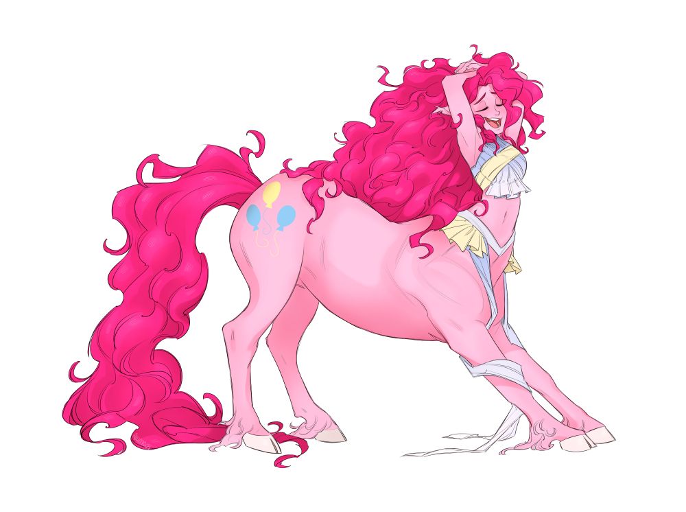 Centaur Pinkie Pie, My Little Pony: Friendship is Magic!
She's stretching, front (horse legs) outreached, and her human arms up over her head.