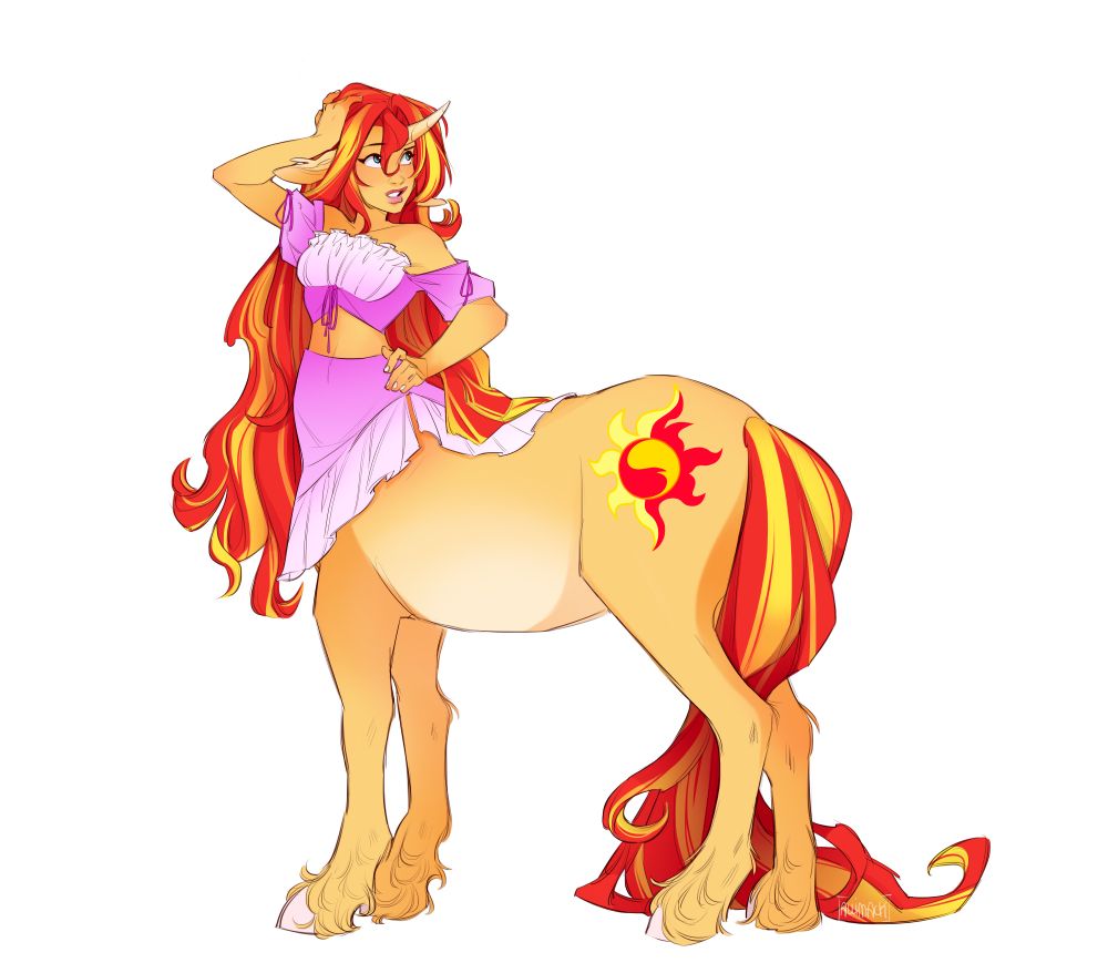 Centaur Sunset Shimmer, My Little Pony: Friendship is Magic. Her hand is resting on her head, pushing up her hair- she's in a new outfit- narratively? Pink frilly fuchsia! 