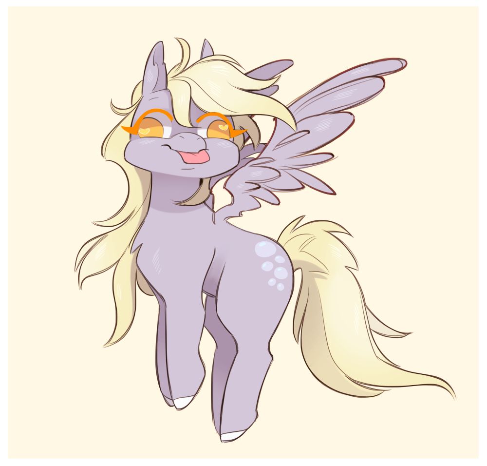 A silly illustration of Derpy Hooves from My Little Pony: Friendship is Magic. She is floating, legs dangling. Her eyes are all over the place, as per usual and her tongue is sticking out *blep*