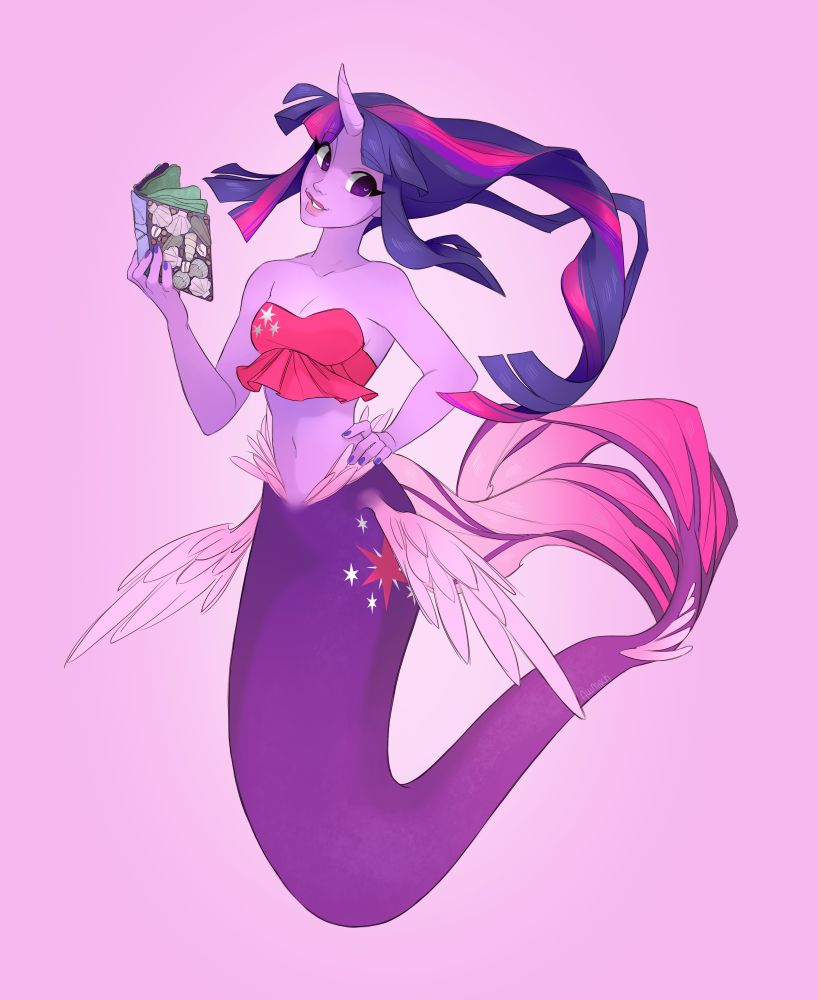 A humanized mermaid Twilight Sparkle from My Little Pony: Friendship is Magic! She's reading a book made of kelp and shells.