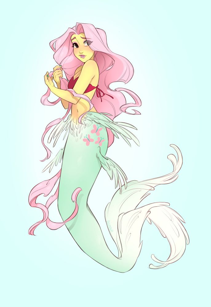 a humanized mermaid of Fluttershy form My Little Pony: Friendship is Magic! She looks quite shy, hiding behind her hair a bit