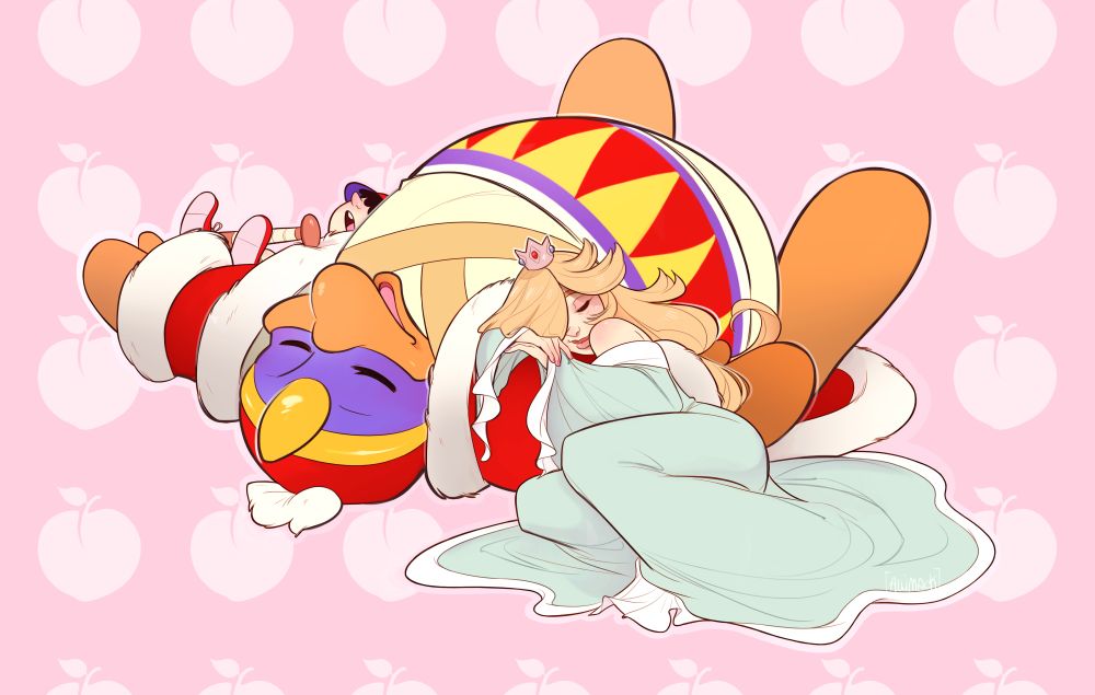 Nintendo - Super Smash Bros Brawl - King Dedede - Ness - Princess Rosalina- all cuddled up, napping peacefully. The backdrop is pink with light pink vector peaches- insinuating that Peach has just used her ult and put them to sleep.