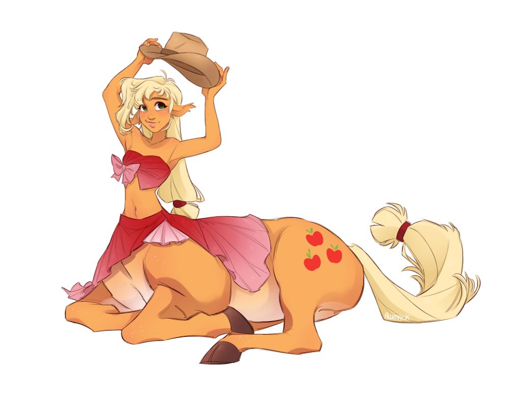 Centaur Applejack, My Little Pony: Friendship is Magic! She's holding her cowboy hat up over her head, about to put it on