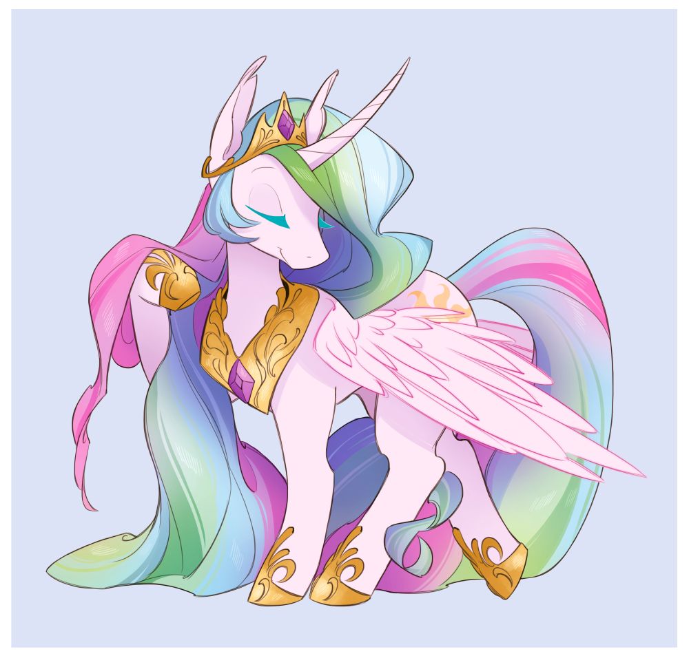 A chibi rendition of Princess Celestia from My Little Pony: Friendship is Magic. She's got one hoof up primping her long hair