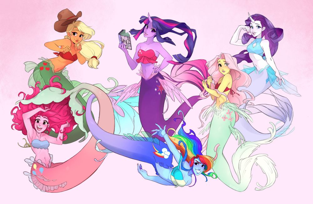 The Mane Six from My Little Pony: Friendship is Magic as mermaids- but I call them maremaids cuz puns are neat!
