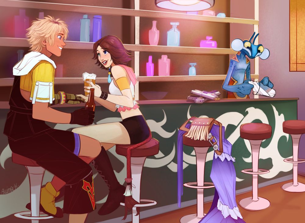 Yuna and Tidus (FF X-2) sitting at the Celsius bar together with drinks in hand, chatting and smiling. Barkeep the Hypello is behind the counter cleaning a glass.