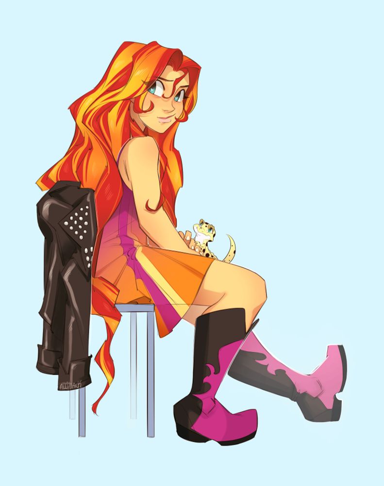 Human Sunset Shimmer sitting in a school chair- her leather jacket hanging off the back. Her pal Ray is in her lap