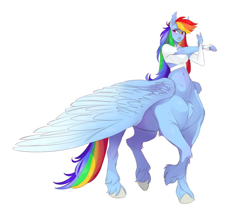 Centaur Rainbow Dash, My Little Pony: Friendship is Magic. She's stretching her arms, ready to race!!!!