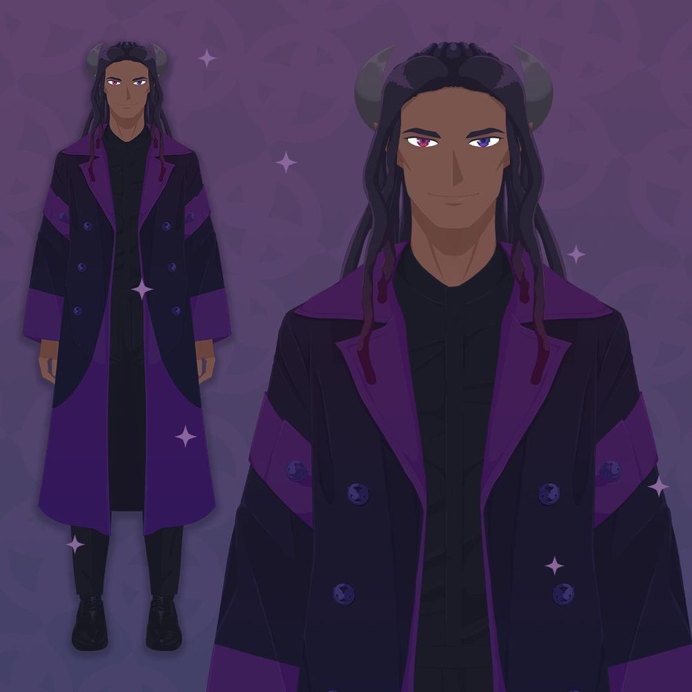 A demon vtuber model, that primary colors are purple and dark blue. The model’s main focus points are the dreadlocks with purple tips, and a purple and dark blue trench coat with butterfly buttons.