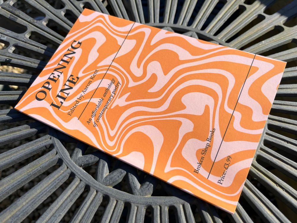 A copy of Broken Sleep Books’ new anthology Opening Line, in the sunshine on a metal patio table. 