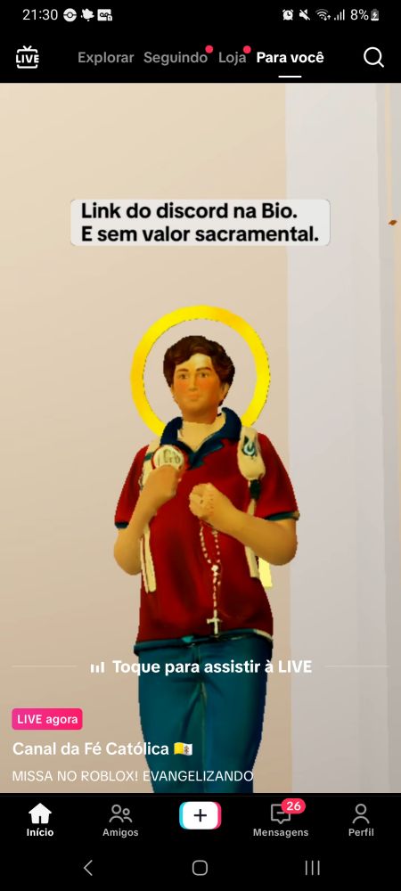 Live de uma missa do Roblox com a imagem 3d do São Carlo Acutis