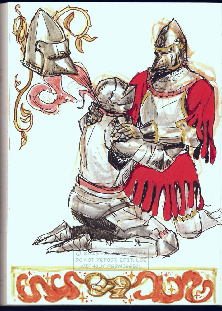 A sketchbook page featuring 2 knights embracing each other while kneeling. On the top left corner a hounskull helm with a plant decoration and on the bottom a decoration with 2 knights kissing and their feathers twisting. 