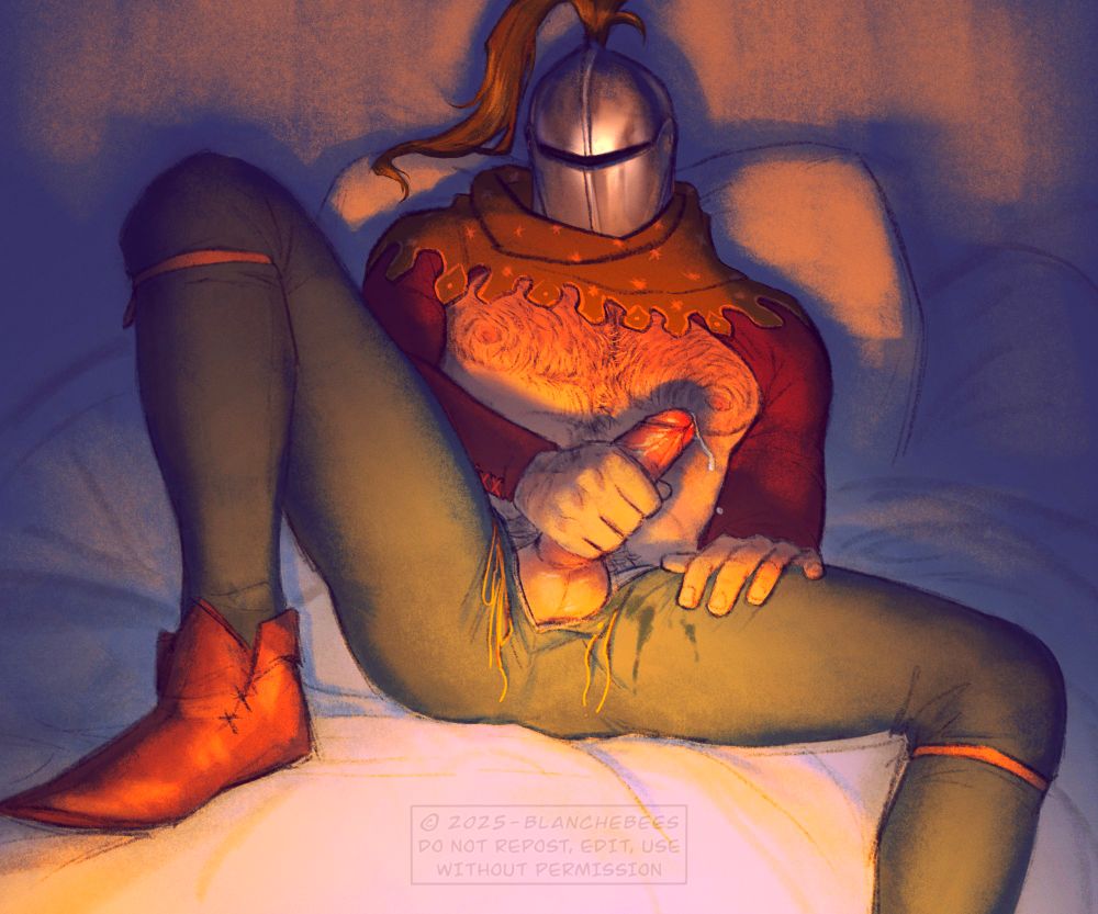 A knight dressed with period clothing, only piece of his armor is his helm. He's legs spread on the bed, gripping his leaking cock and staining his pants, his shirt is pulled up to reveal his hairy voluptuous chest. The scene is lit by warm light from beneath casts shadows upon his body. 