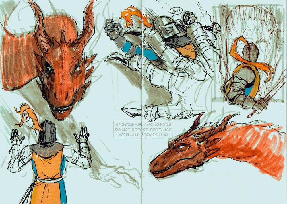 A sketchbook spread depicting various doodles of a knight and a red dragon interacting. 
