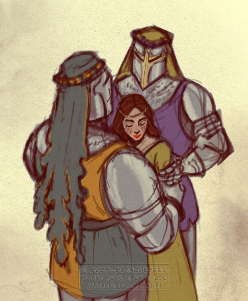 A blushing lady sandwiched between two big knights, holding her