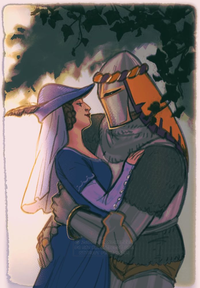 A lady and a knight are embracing each other while looking at the other fondly