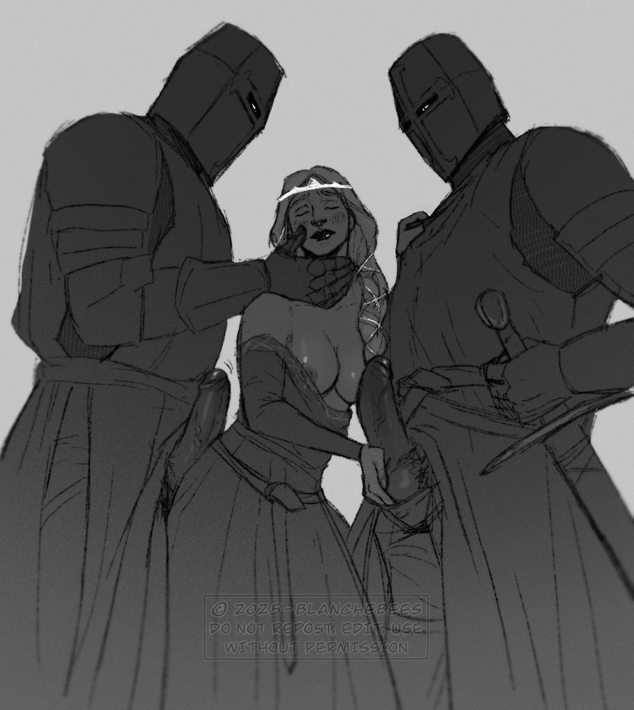 Digital art of a princess sandwiched again between two crusader like knights. She's palming one's cock while she humps back onto the other. The knights are looking down on her, one is stroking her cheek and the other is holding his sword firmly.