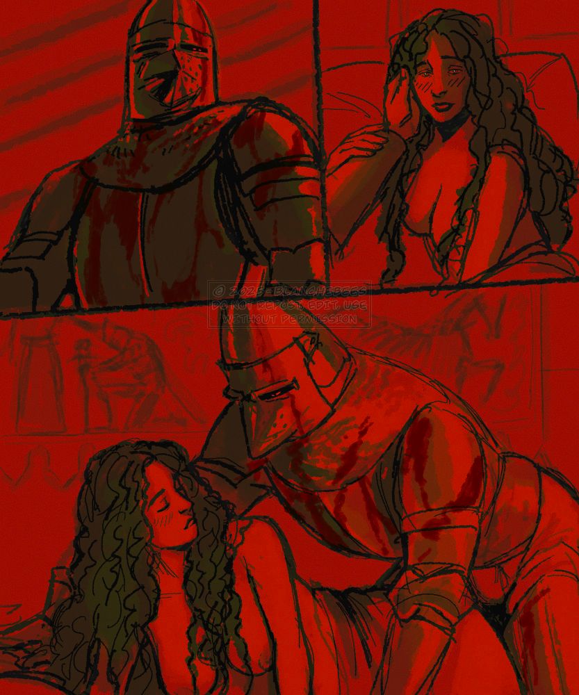 The knight approaches the bed, looking down at his lover. He extends his now bare hand to her face and she smiles at him, blushing.
At last he climbs on the bed, on top of her, she bites her lip, his gaze fixed on her half naked form. 