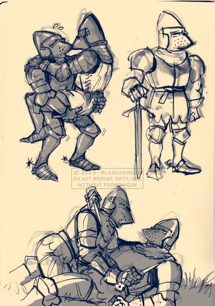 Traditional art in ink of hounskull knights. One barely holding the other in his arms, one standing pose and while fighting with daggers on the ground.