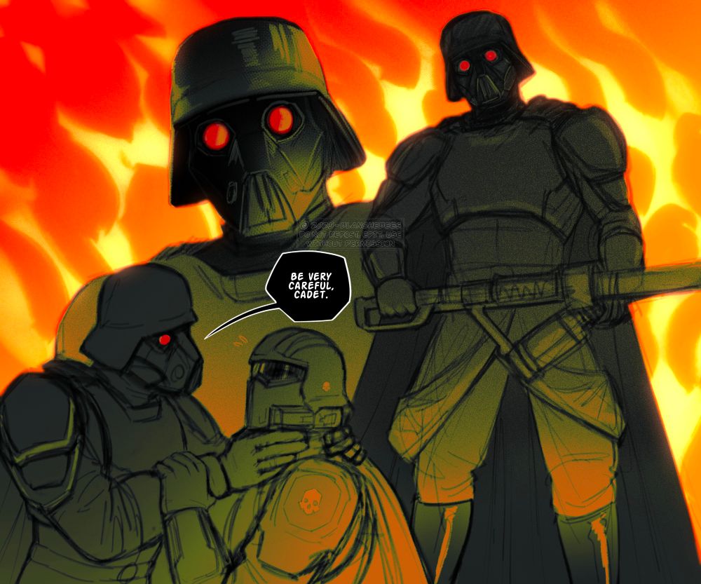 Various doodles of a Helldiver wearing the Doubt killer armor, sporting a gas mask with piercing red eyes. In one he's holding a flamethrower. In another he's choking a fellow helldiver and warning:"be very careful, cadet". 