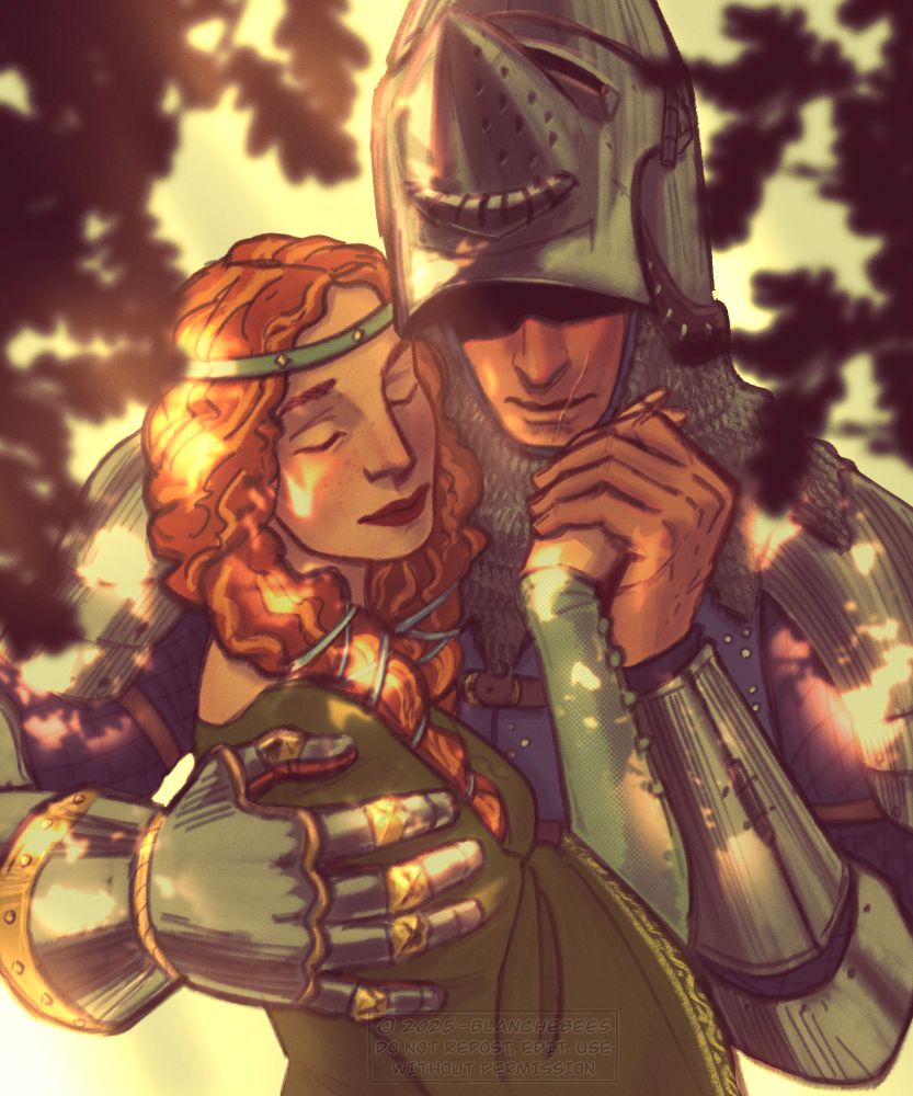 Digital art of a lady and knight embracing each other. He wears a hounskull helm, the visor lifted enough to still cover his eyes and cast a shadow on his face. They both smile as he holds her, one hand holding hers and the other on her shoulder. He has a scar on his lips and hand. She wears a green dress and her red hair are braided. Her skin is paler than his and her cheeks are dusted with freckles. The overall mood is warm, they're shielded by leaves and dappled light adorns their skin. 