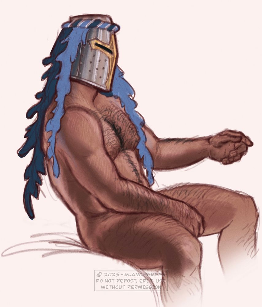 Digital doodle of a hairy male knight, sitting sideways, naked.
