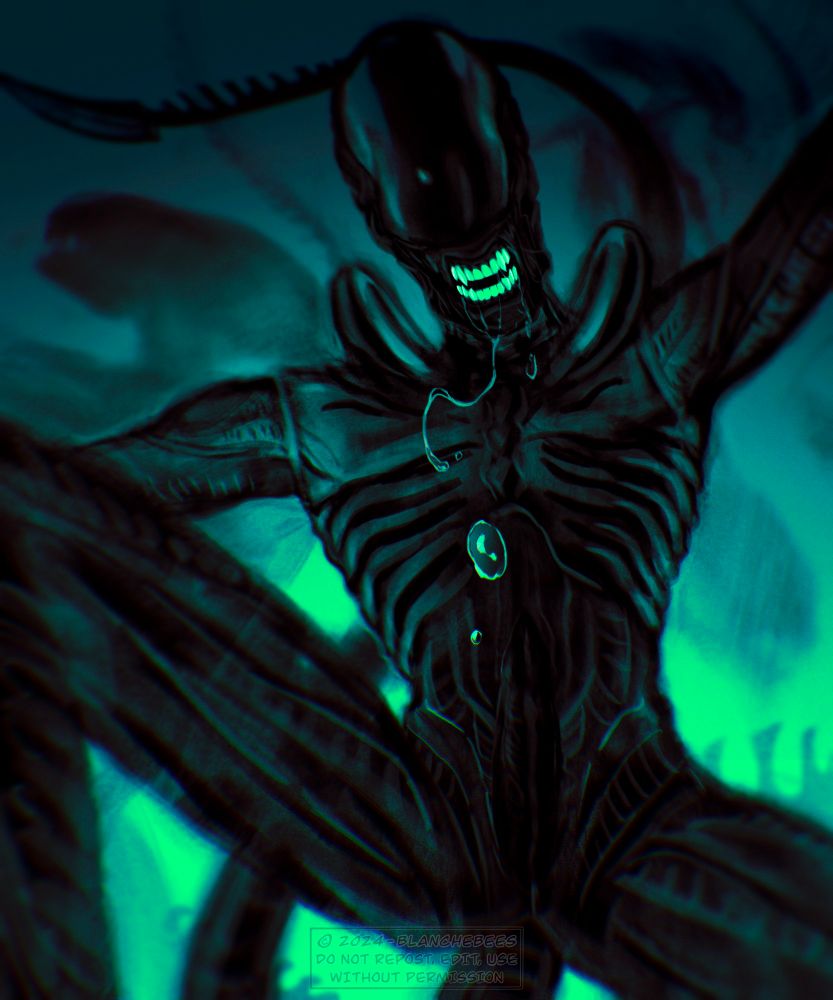 A xenomorph looking down at the viewer, drool coming out from his exposed bright teeth, hissing. In the background are faintly visible silhouettes of more Xenomorphs. All of it is bathed in a neon green/lime color.