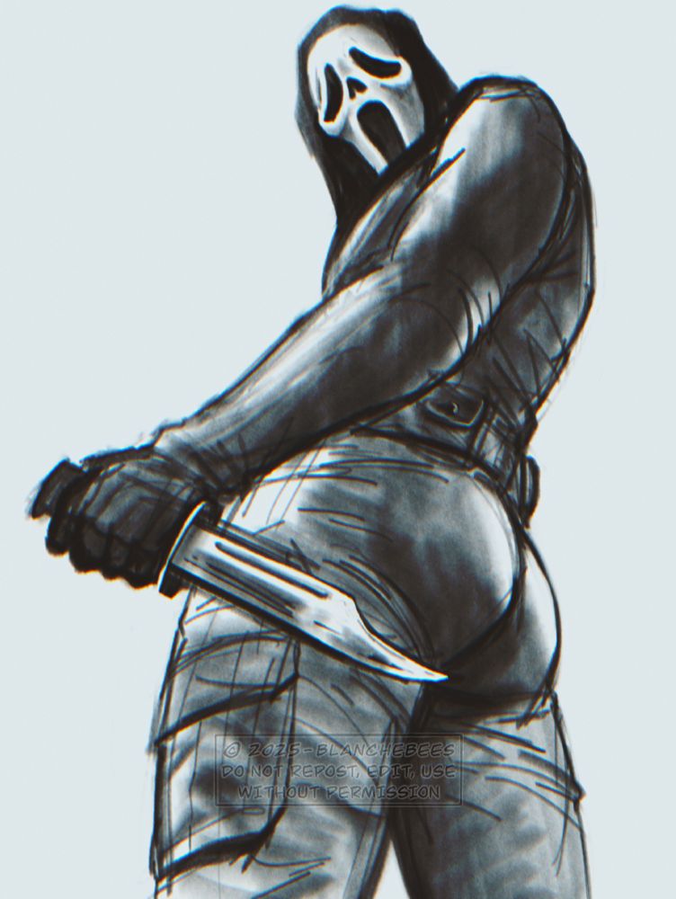 Art of a Ghostface cosplayer (geeky_burrito) i found on tiktok. Just wanted to draw a shaped ass. He's looking down at the viewer from over his shoulder, showing us his cheeks while also holding his knife at his side. 